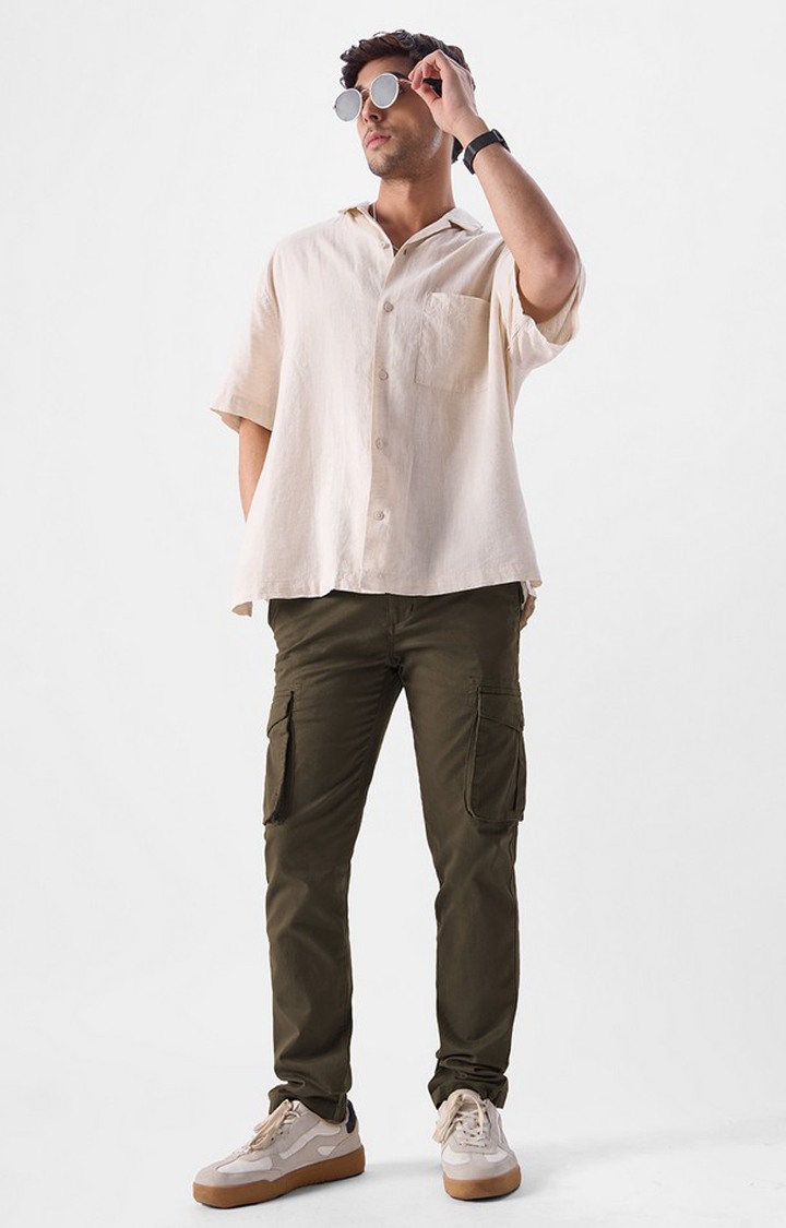 Men's Dark Olive Cotton Solid Cargos