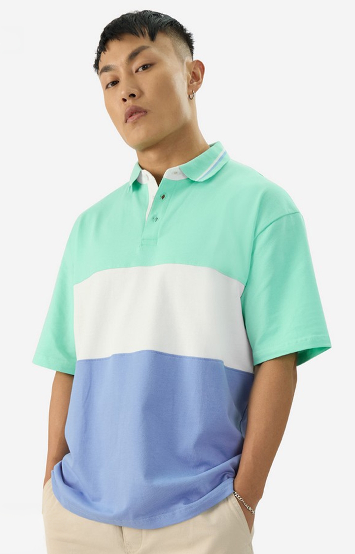 The Souled Store | Men's Aqua Spring Oversized Polo T-Shirt