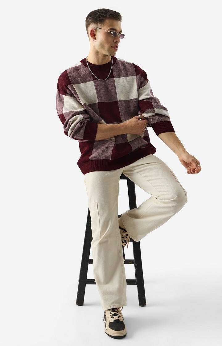 Men's TSS Originals: Burgundy Checks Oversized Pullovers