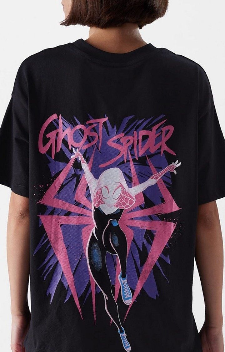 Women's Spider-Man: Across The Spider-Verse Black Printed Oversized T-Shirt
