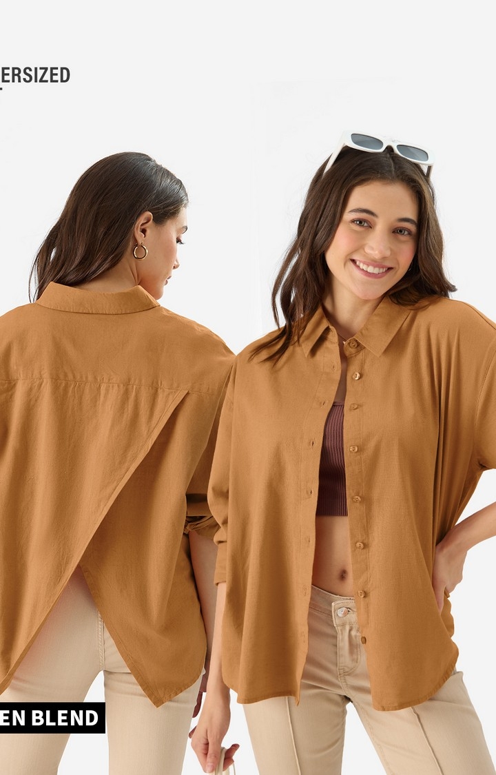 The Souled Store | Women's Cotton Linen: Earthy Rust Women's Boyfriend Shirts