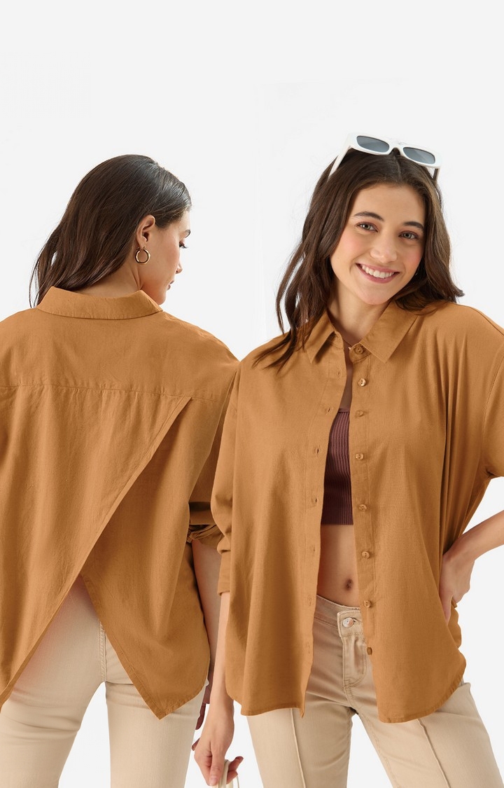 The Souled Store | Women's Cotton Linen: Earthy Rust Women's Boyfriend Shirts