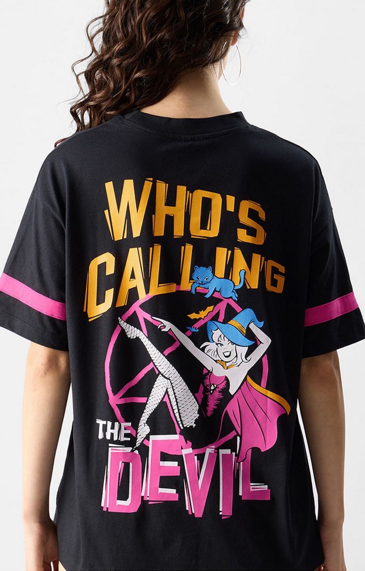Women s Sabrina Call The Devil Black Printed Oversized T Shirt