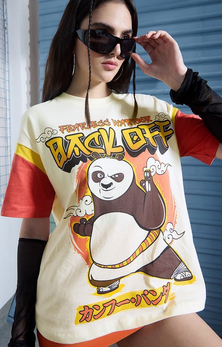 Women's Kung Fu Panda: Back Off Light Yellow Printed Oversized T-Shirt