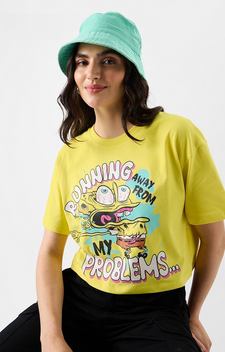 The Souled Store | Women's SpongeBob: Running Away Women's Oversized Cropped T-Shirt