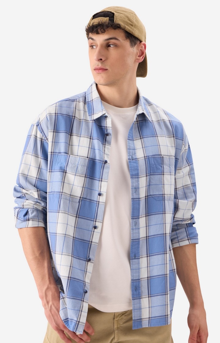 The Souled Store | Men's Checks: Lake Blue Men's Relaxed Shirts