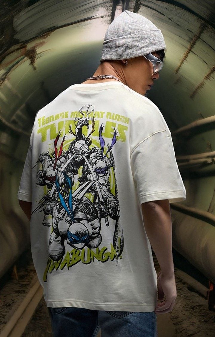 Men's TMNT: Cowabunga White Printed Oversized T-Shirt