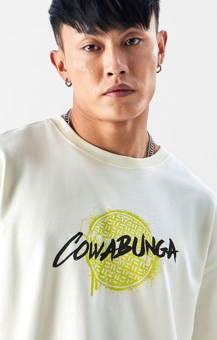 Men's TMNT: Cowabunga White Printed Oversized T-Shirt