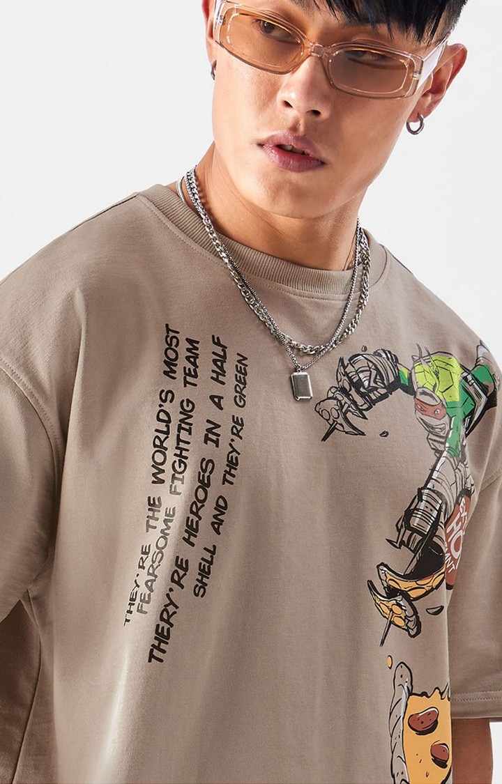 Men's TMNT: Booyashaka Brown Printed Oversized T-Shirt