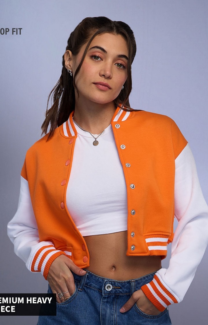 Women's Solids: Blazin Orange, White (Colourblock) Women's Varsity Jackets