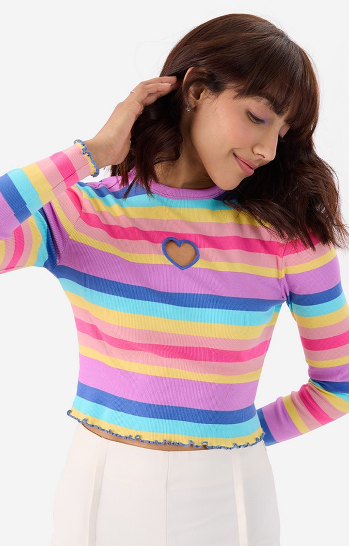 Women's  Rainbow Cut-Out Ribbed Top