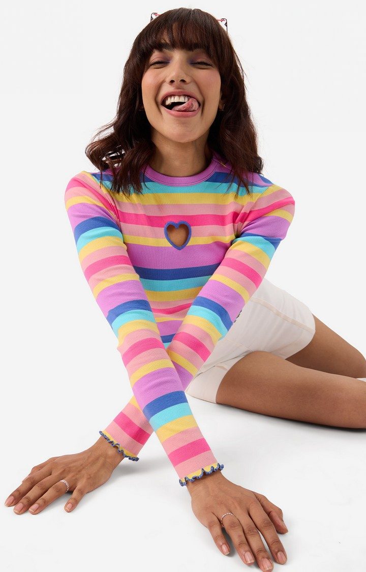 Women's  Rainbow Cut-Out Ribbed Top