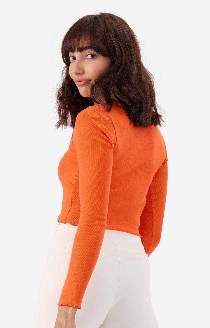 Women's Flame Orange Ribbed Top Women's Full Sleeves Tops