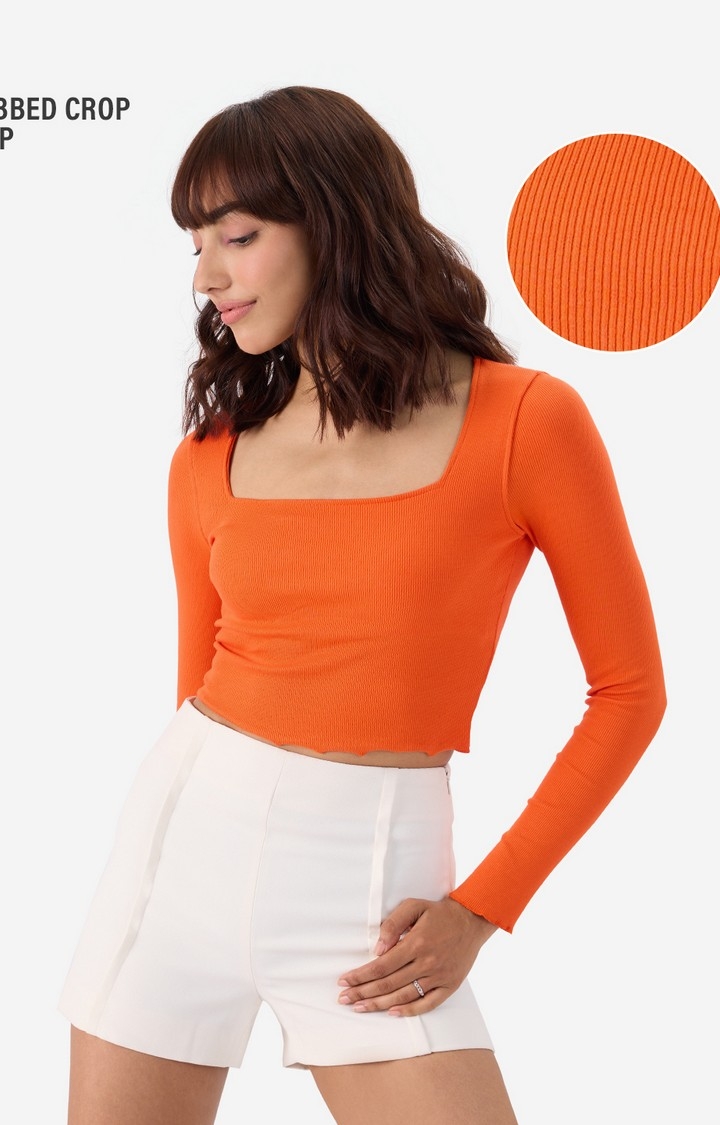 The Souled Store | Women's Flame Orange Ribbed Top Women's Full Sleeves Tops