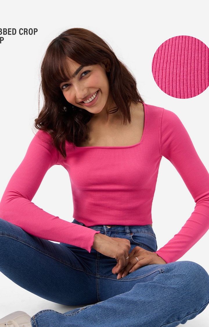 Women's Hot-Pink Ribbed Top Women's Full Sleeves Tops