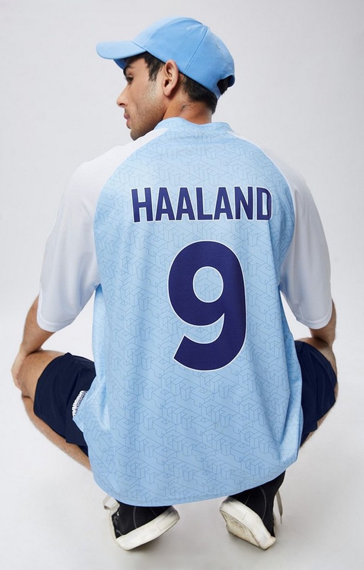 Men's Manchester City: Haaland 9 Blue & White Printed Oversized T-Shirt