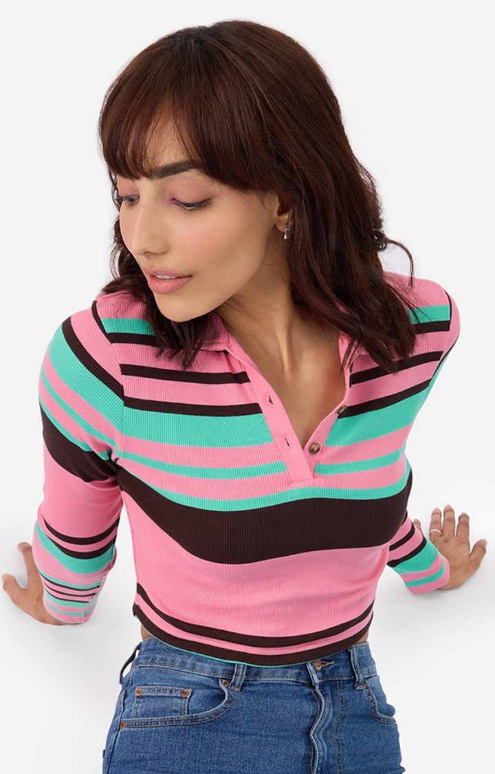 The Souled Store | Women's  Carnation Rib-Knit Polo  Cropped Polo T-Shirt