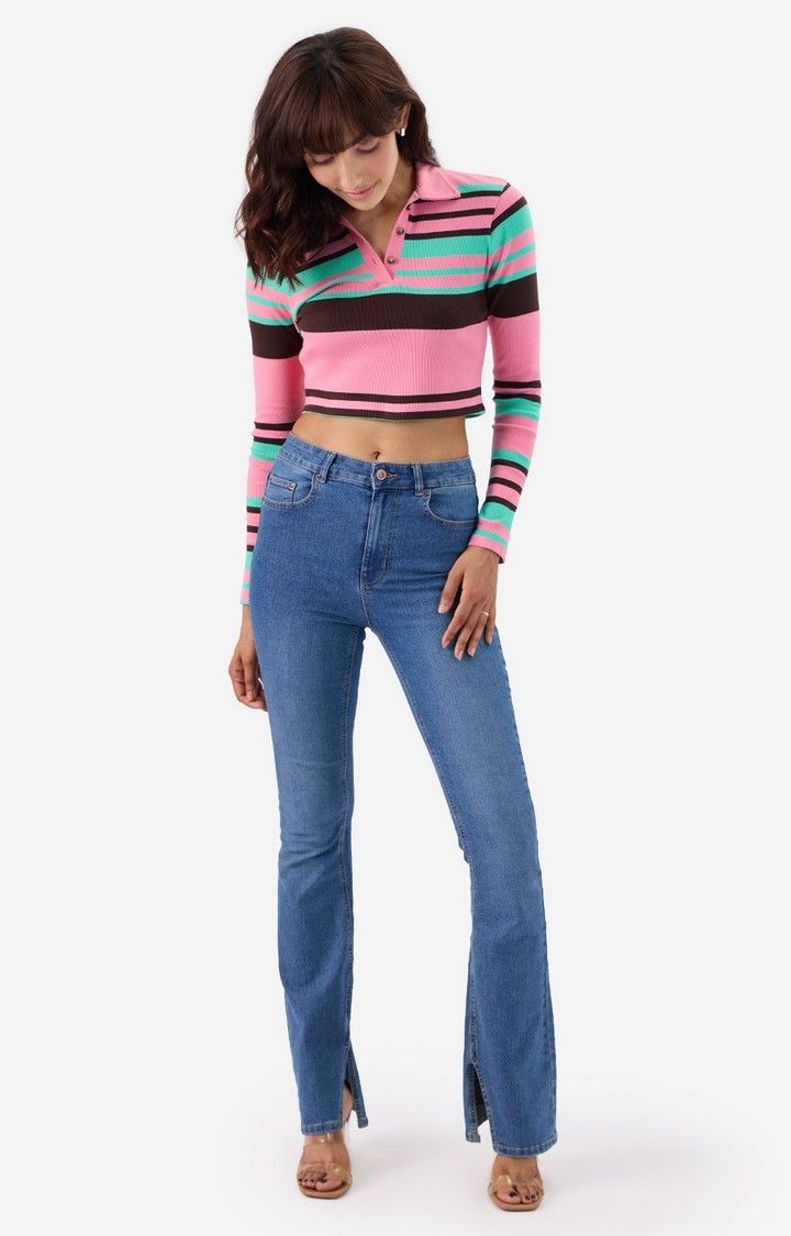 Women's  Carnation Rib-Knit Polo  Cropped Polo T-Shirt