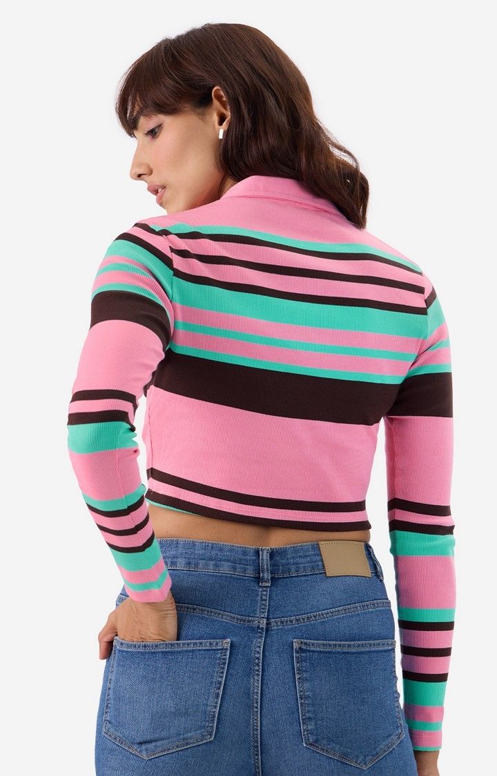 Women's  Carnation Rib-Knit Polo  Cropped Polo T-Shirt