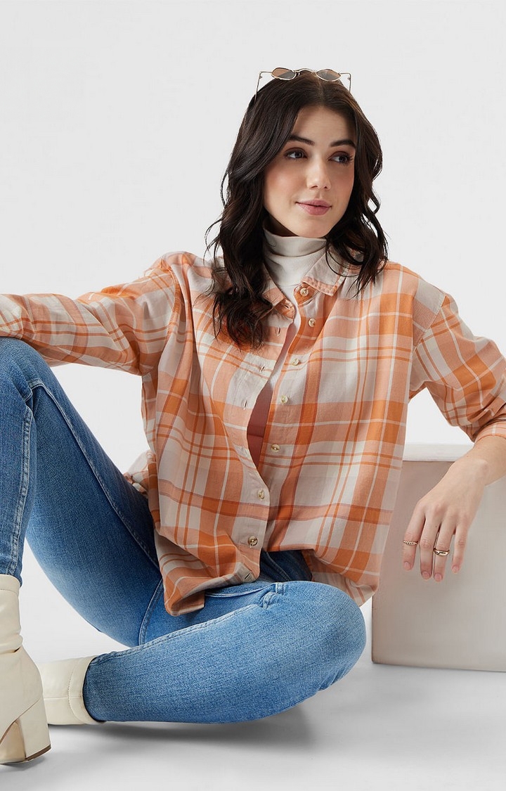 The Souled Store | Women's Plaid: Orange And Off White Women's Shirts
