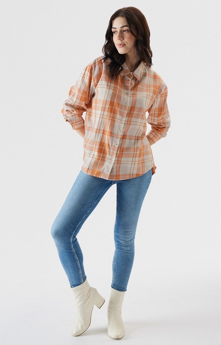 Women's Plaid: Orange And Off White Women's Shirts