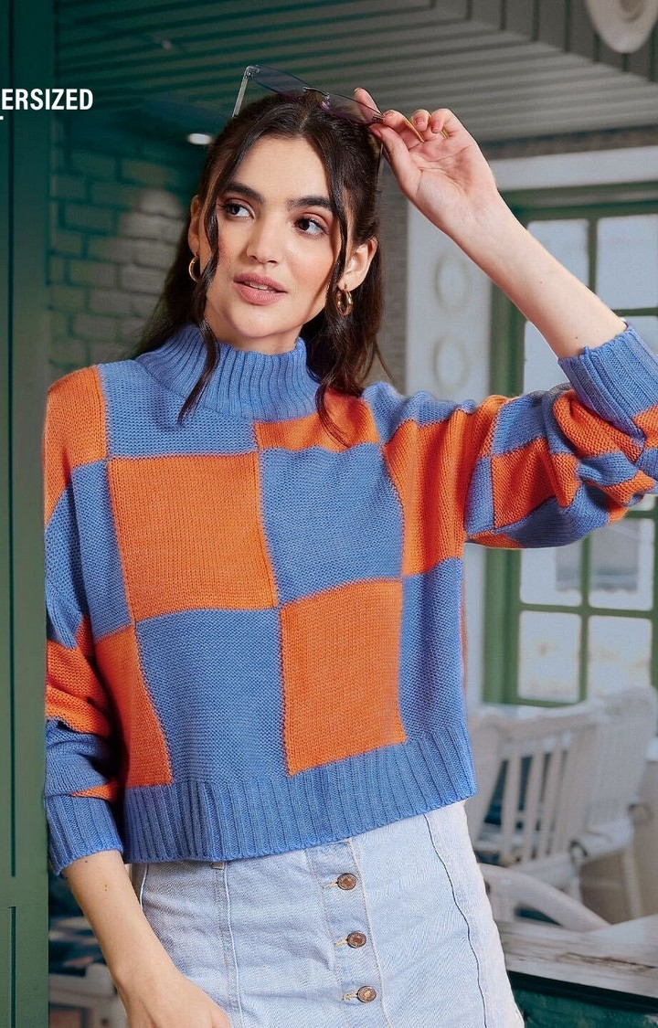 The Souled Store | Women's Solids: Blue, Orange (Colourblock) Women's Turtle Neck Sweaters