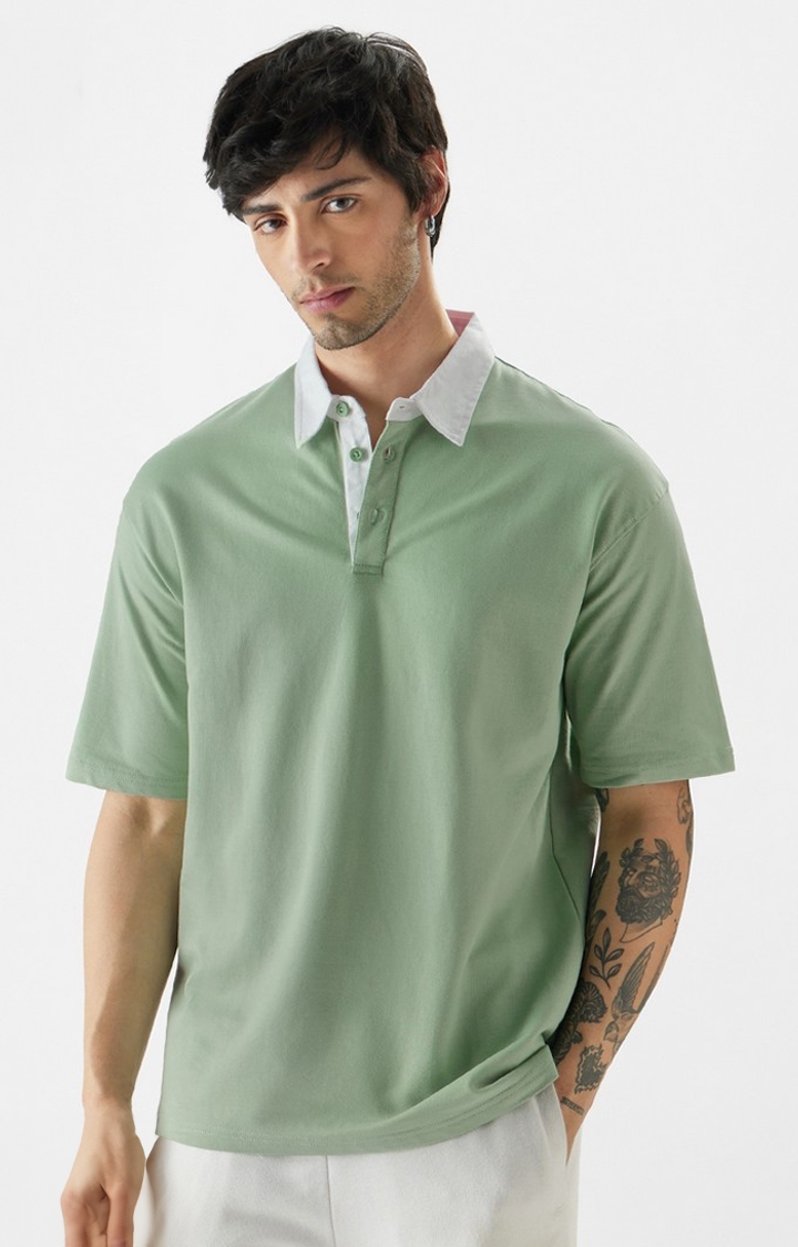 The Souled Store | Men's TSS Originals: Sage Green Oversized Polo T-Shirt