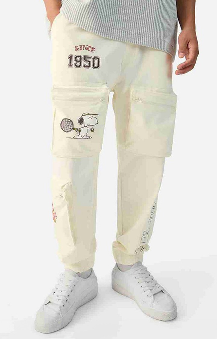 Men's Off White Cotton Printed Cargos