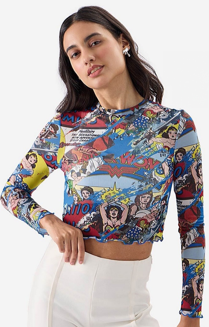 The Souled Store | Women's Mesh Top: Wonder Woman Comic Pattern Women's Cropped Tops