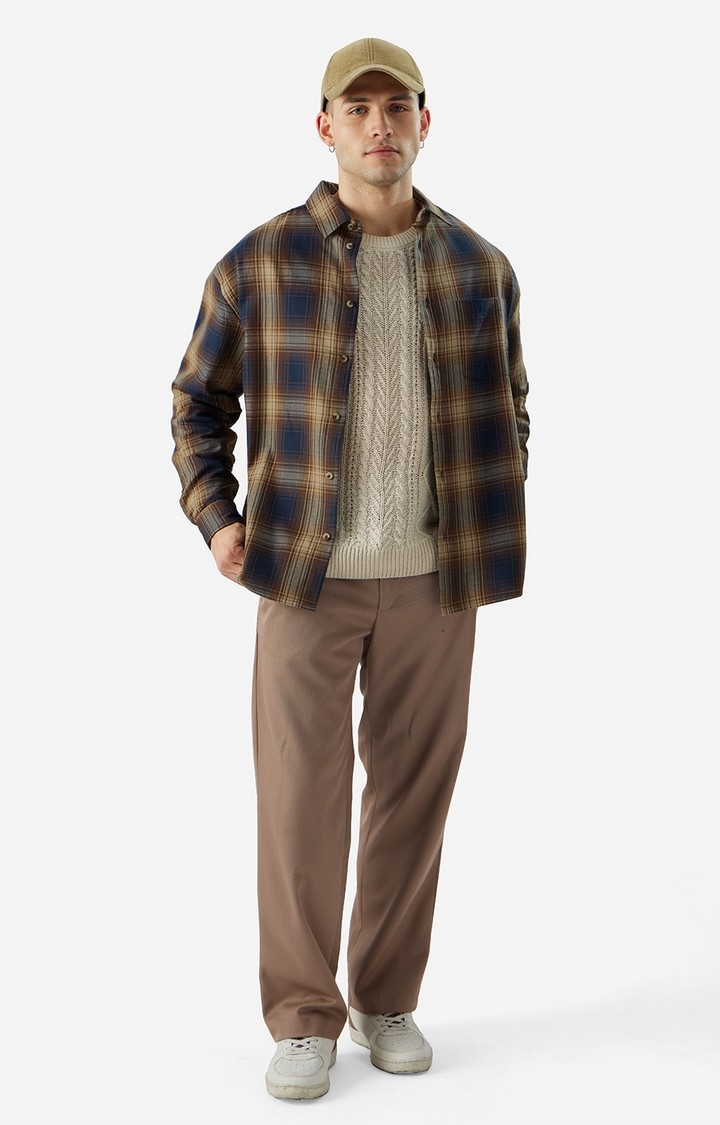 Men's Plaid: Brown & White Men's Relaxed Shirts