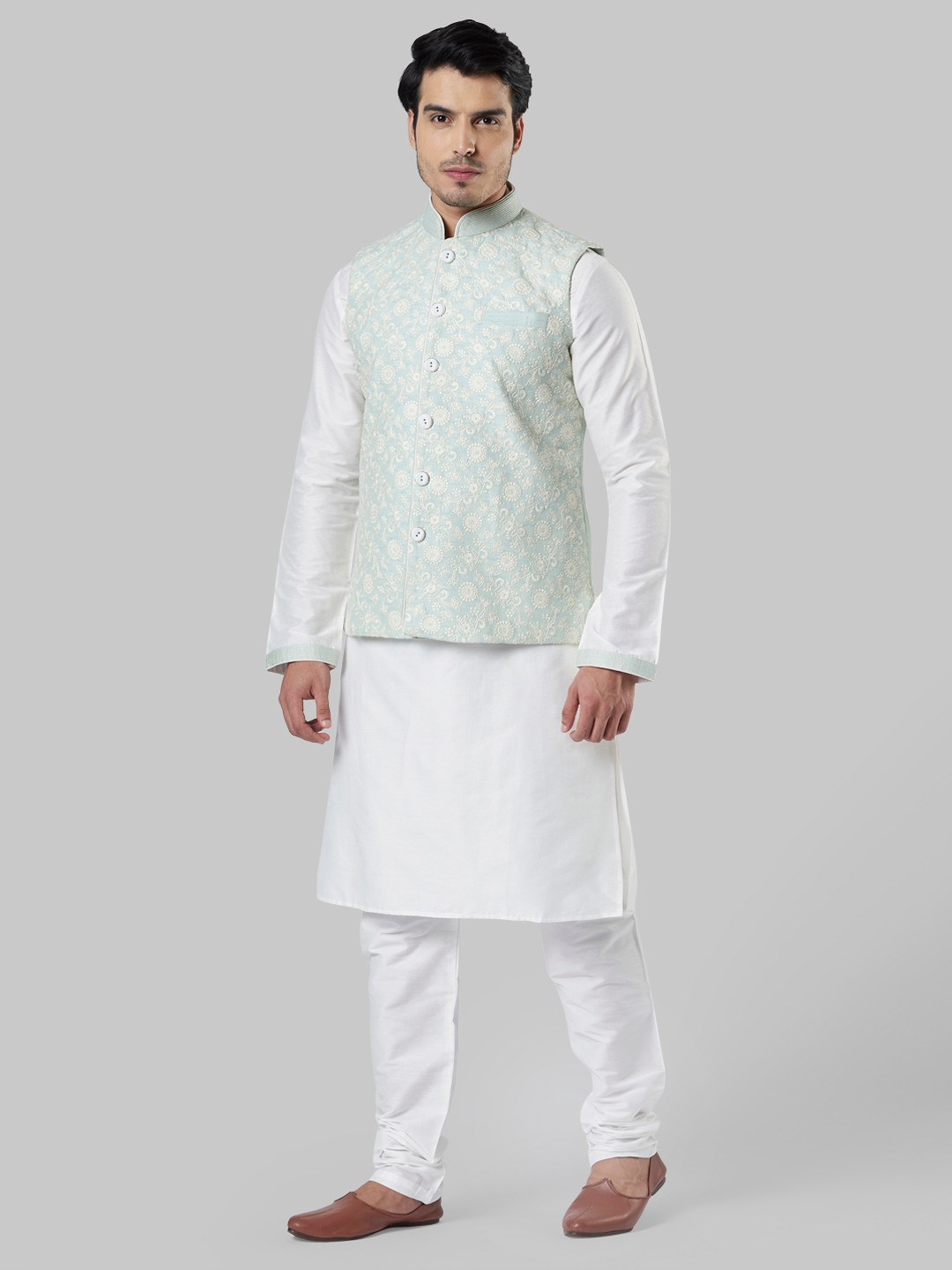 Ethnix By Raymond Light Green Kurta With Bundi And Churidar