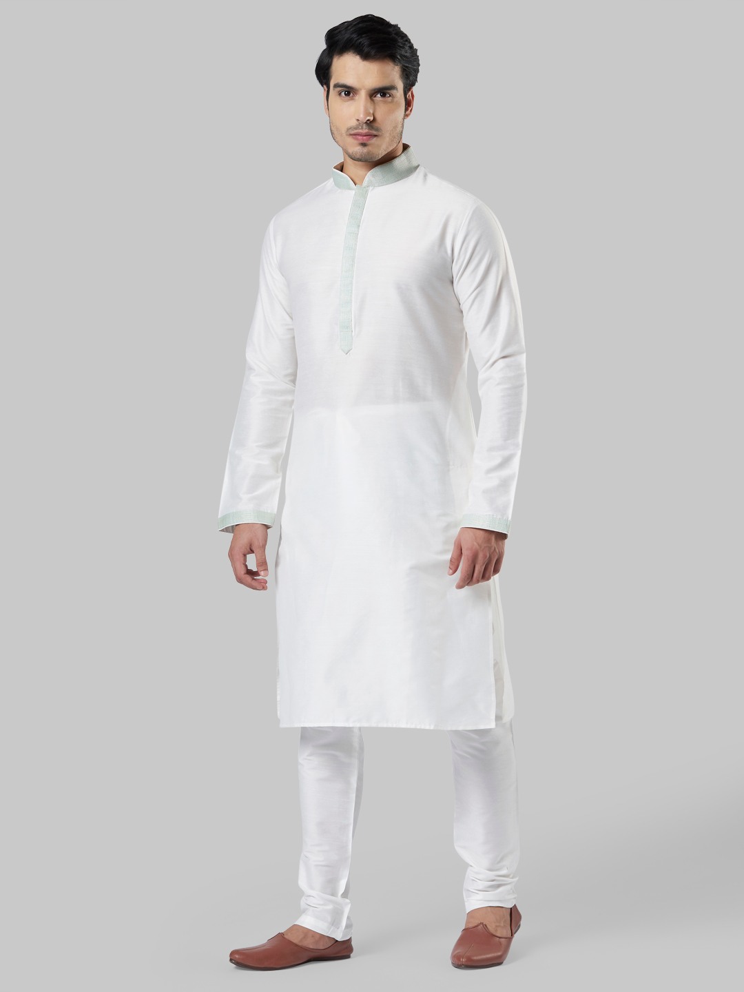 Ethnix By Raymond Light Green Kurta With Bundi And Churidar
