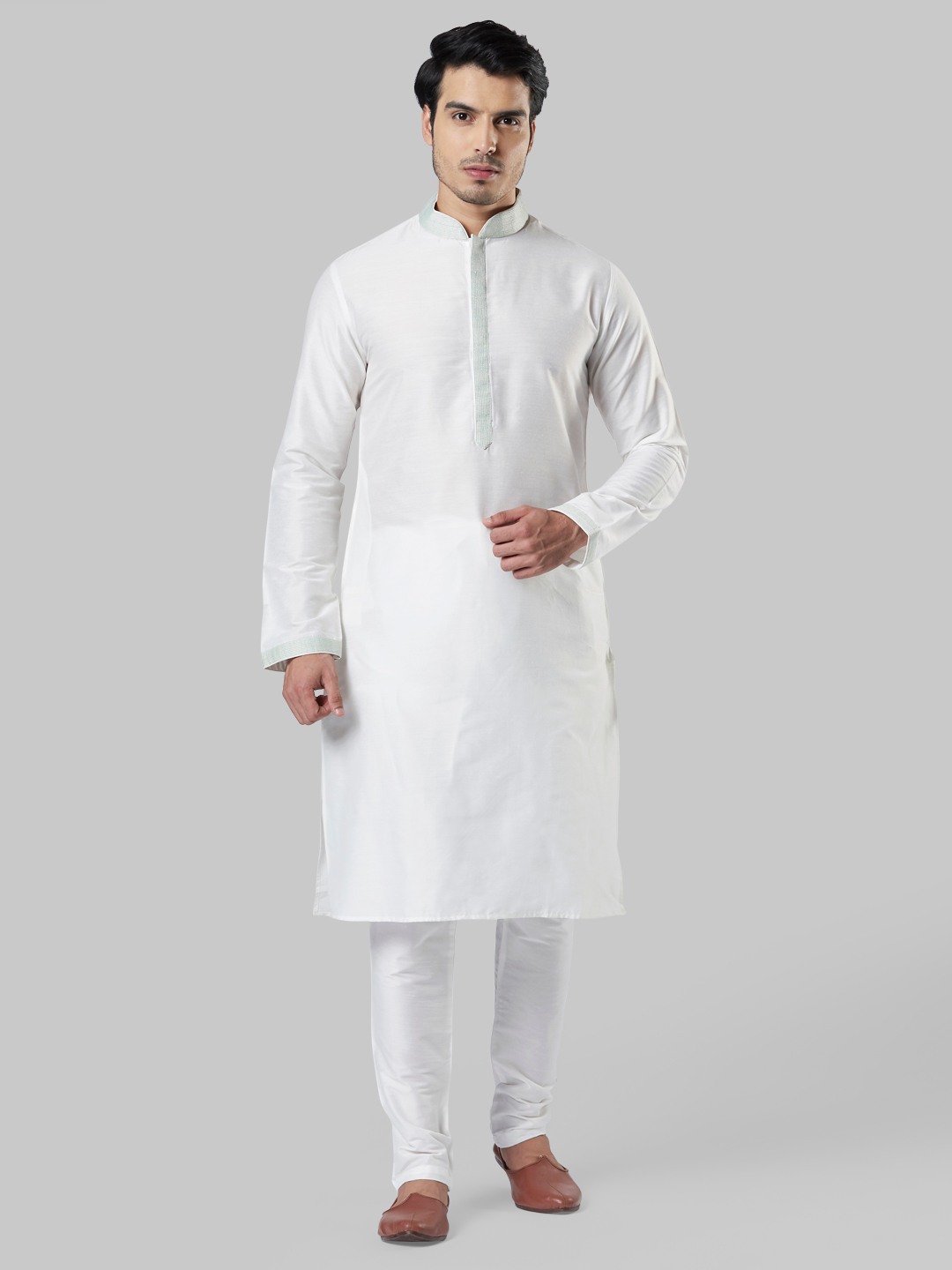 Ethnix By Raymond Light Green Kurta With Bundi And Churidar