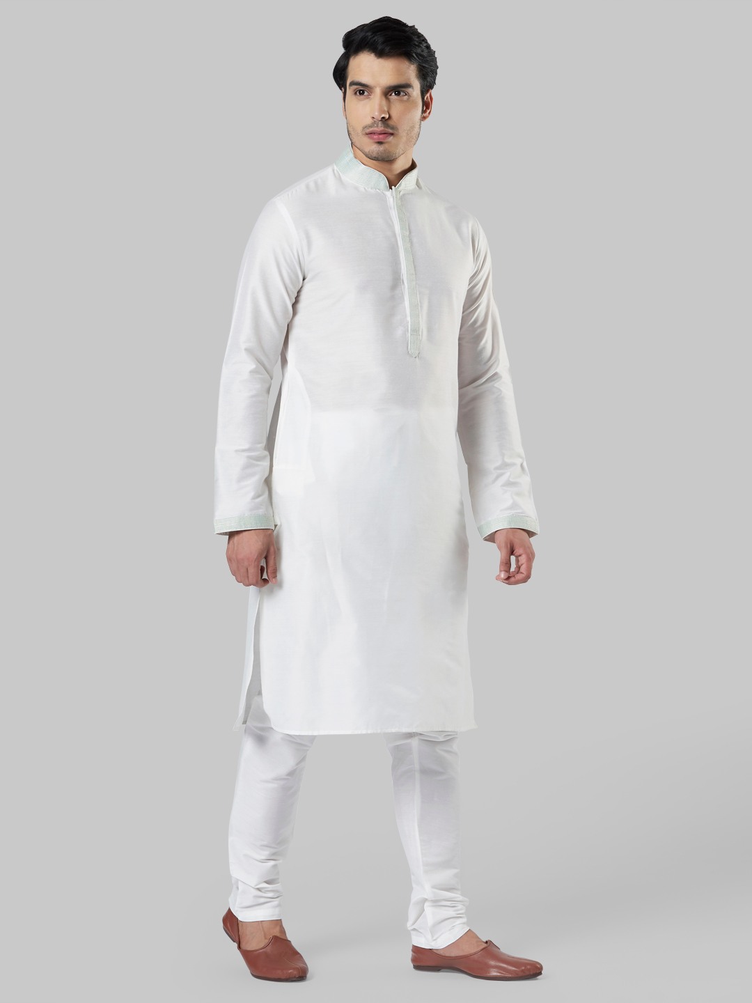 Ethnix By Raymond Light Green Kurta With Bundi And Churidar