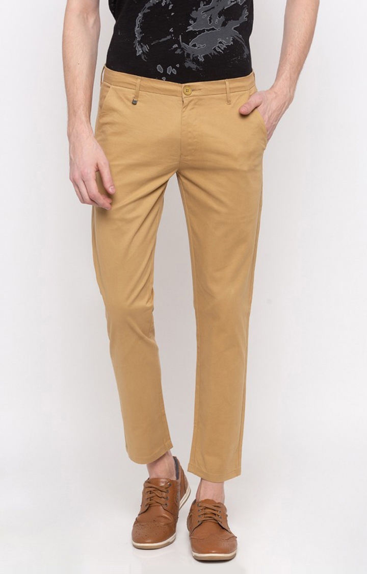 spykar | Men's Brown Cotton Solid Tapered Chinos 0