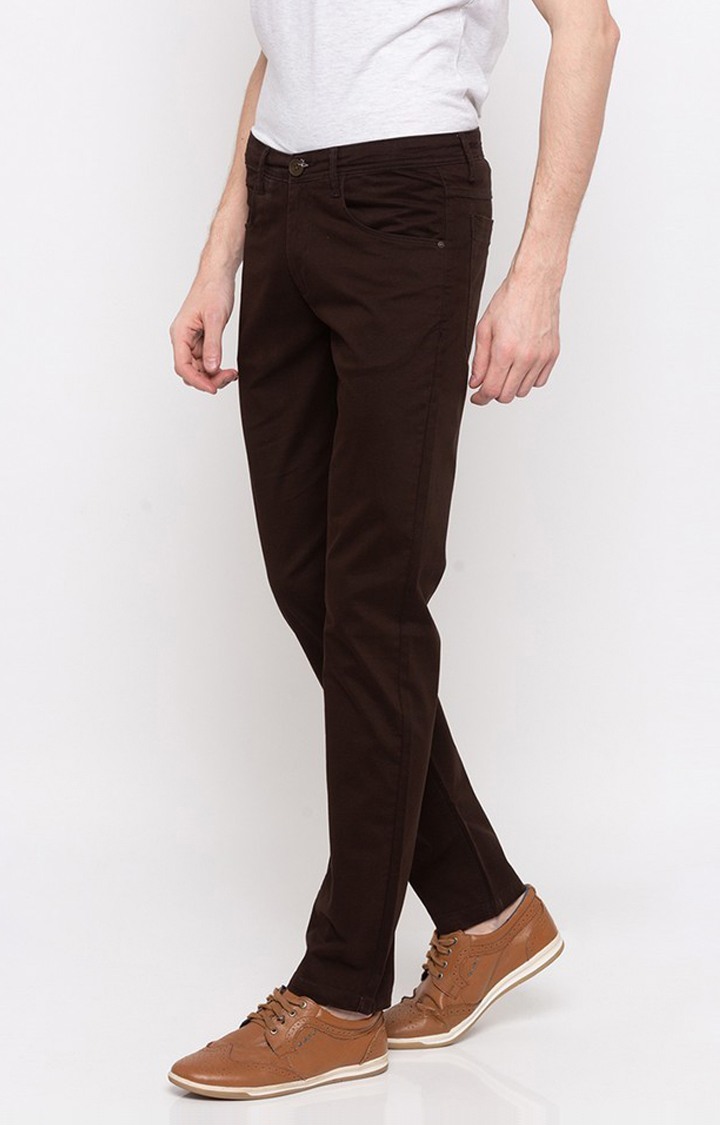 Men's Brown Cotton Solid Trousers