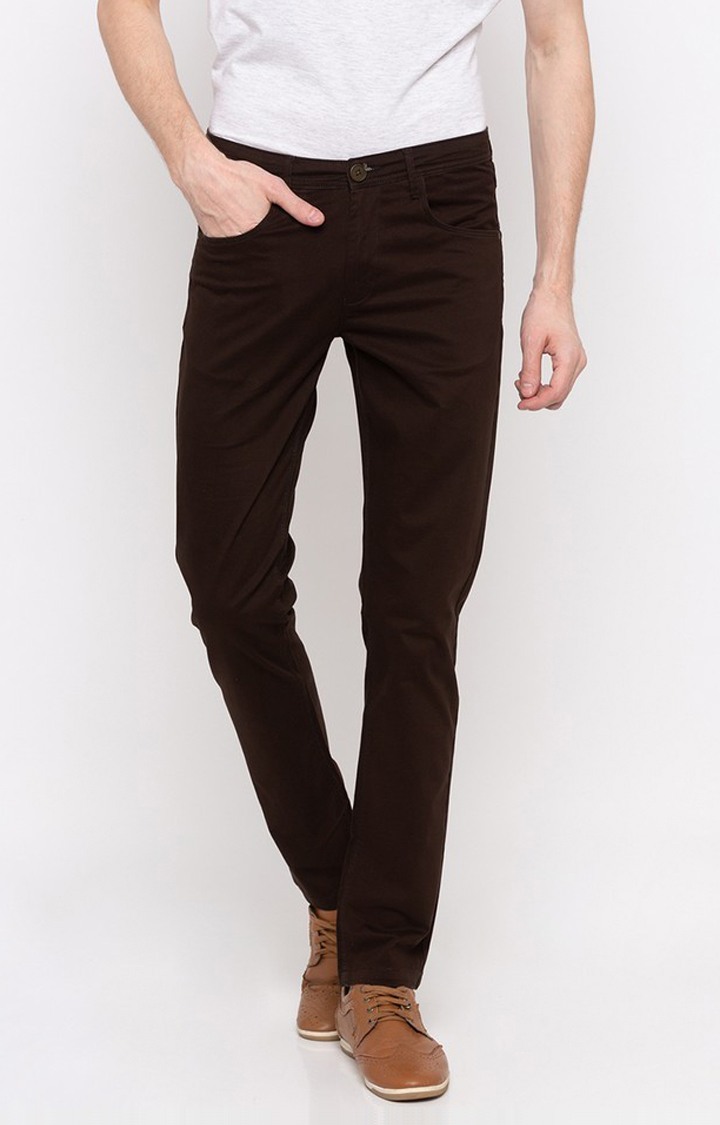 Men's Brown Cotton Solid Trousers