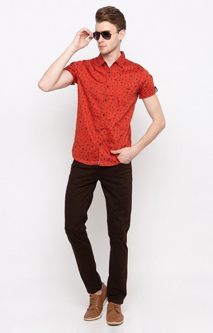 Men's Brown Cotton Solid Trousers