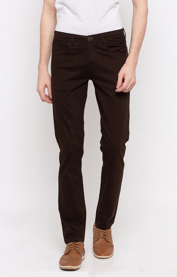 Men's Brown Cotton Solid Trousers