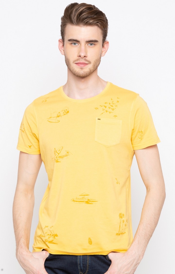 spykar | Spykar Mustard Printed Slim Fit T-Shirt 0