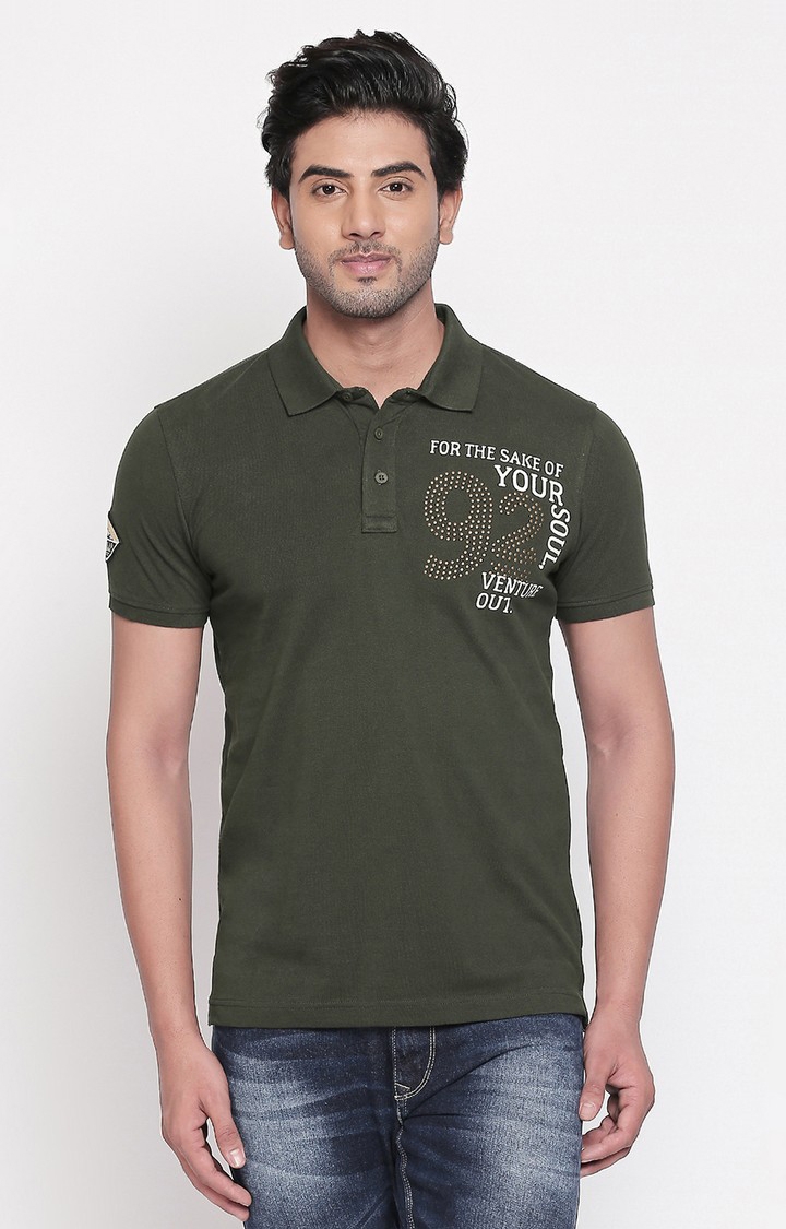 spykar | spykar Olive Printed Slim Fit Polo T-Shirt 0