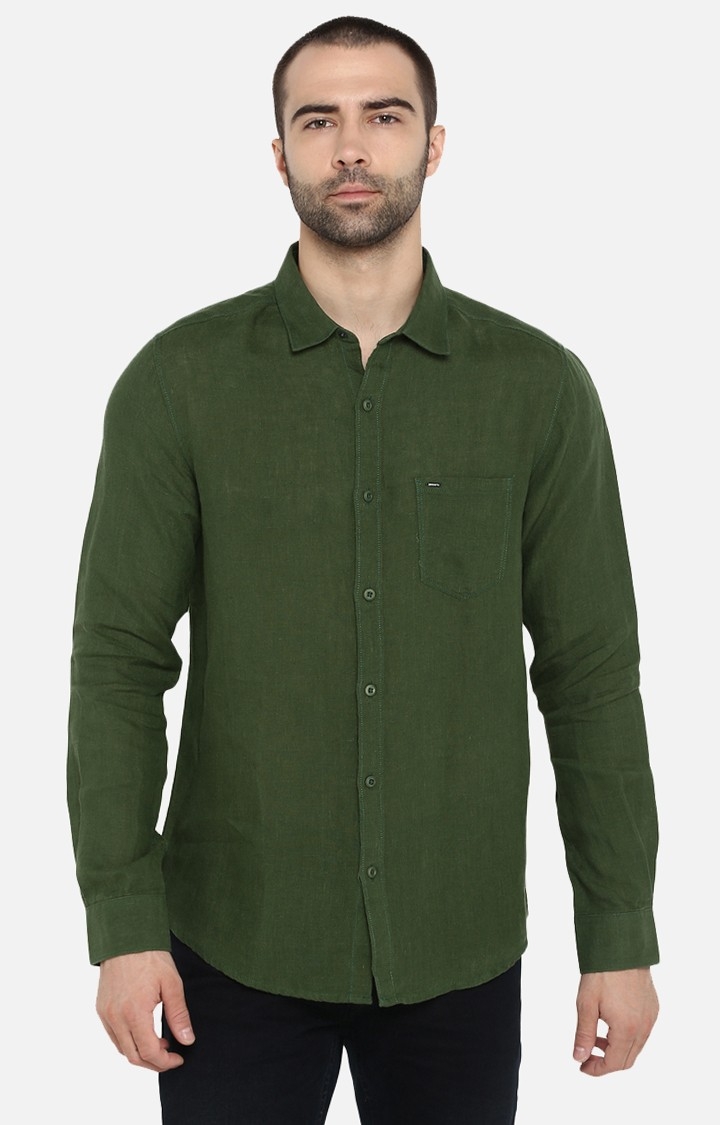 spykar | Men's Green Linen Solid Casual Shirts 0