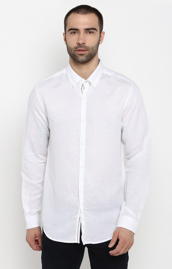 spykar | Men's White Linen Solid Casual Shirts 0