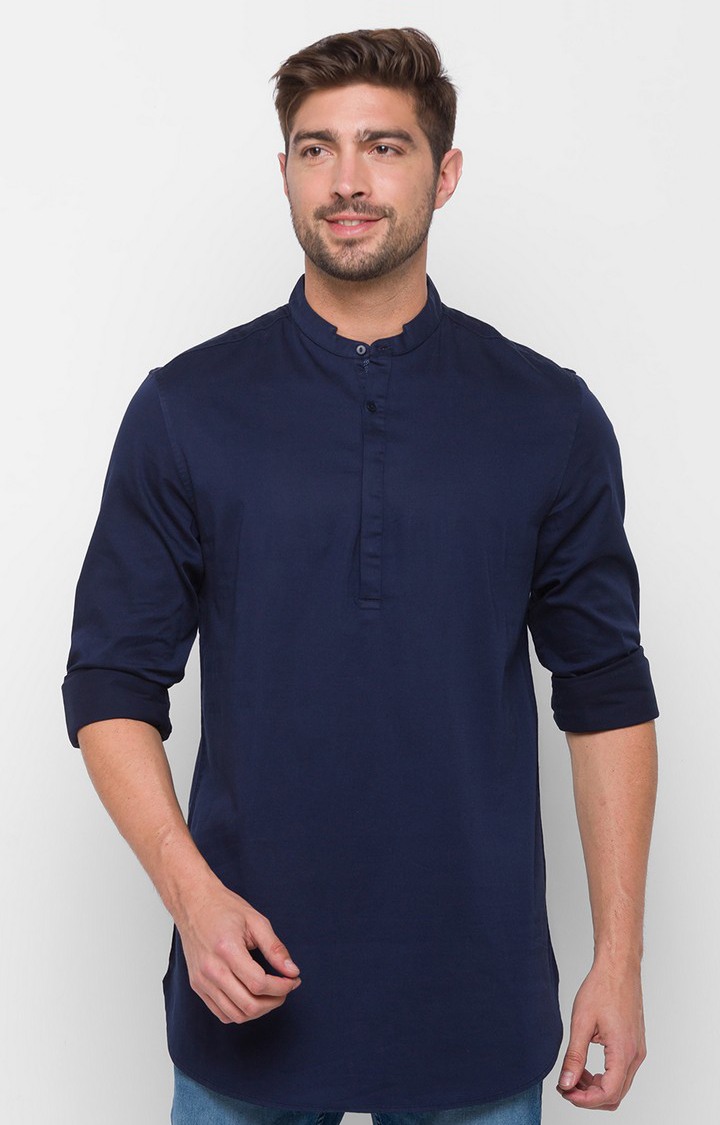 Men's Blue Cotton Solid Casual Shirts