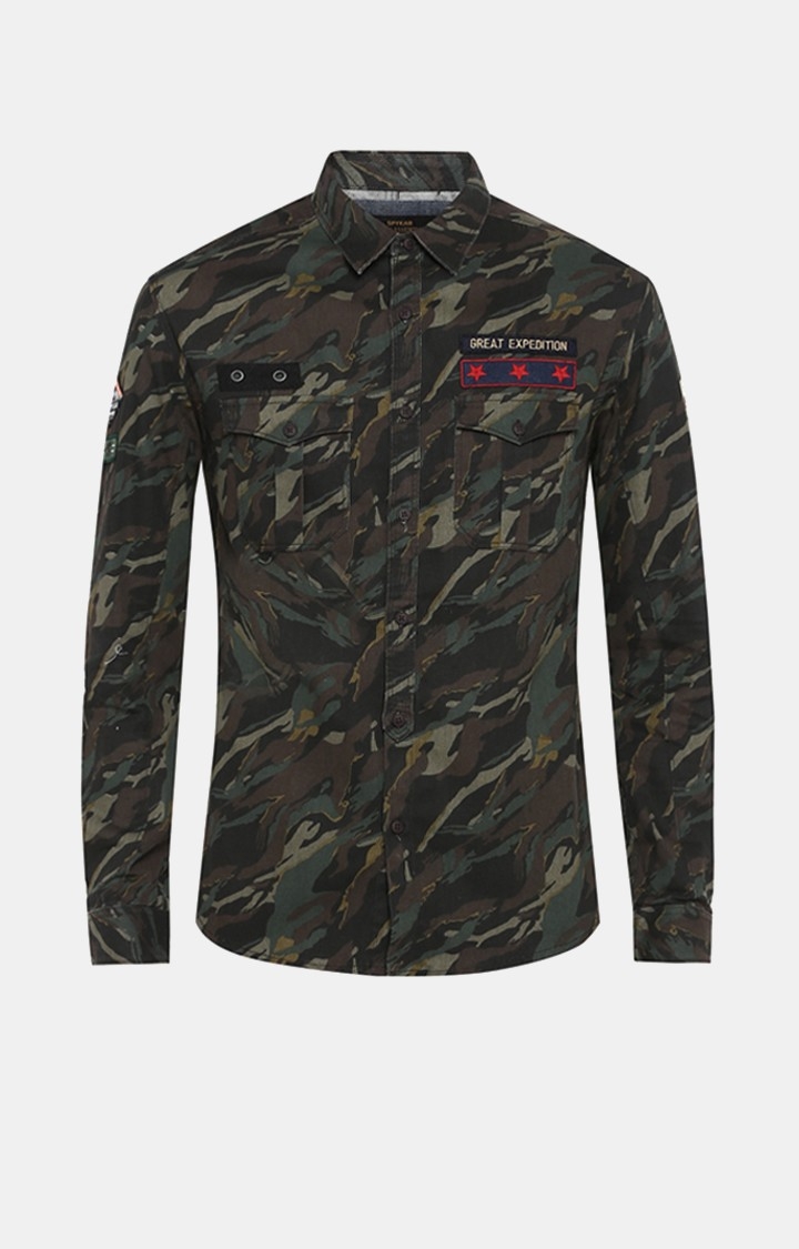 Spykar | Men's Green Cotton Camouflage Casual Shirts 5