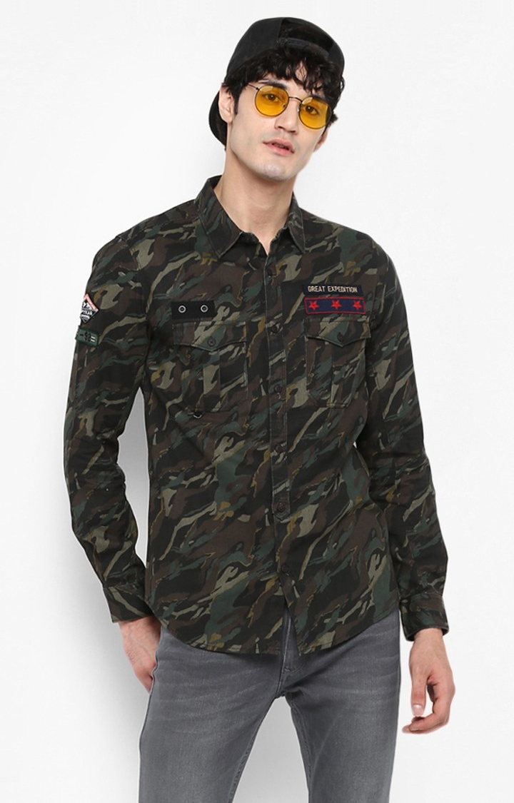 Spykar | Men's Green Cotton Camouflage Casual Shirts 0