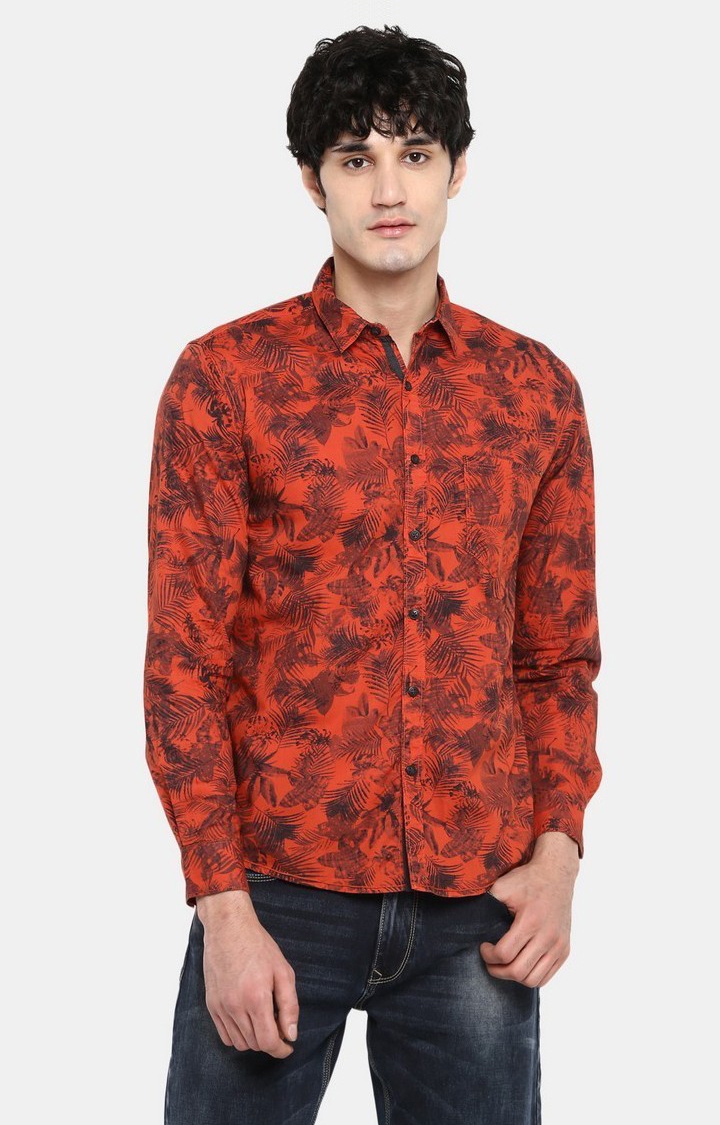 spykar | Men's Orange Cotton Printed Casual Shirts 0