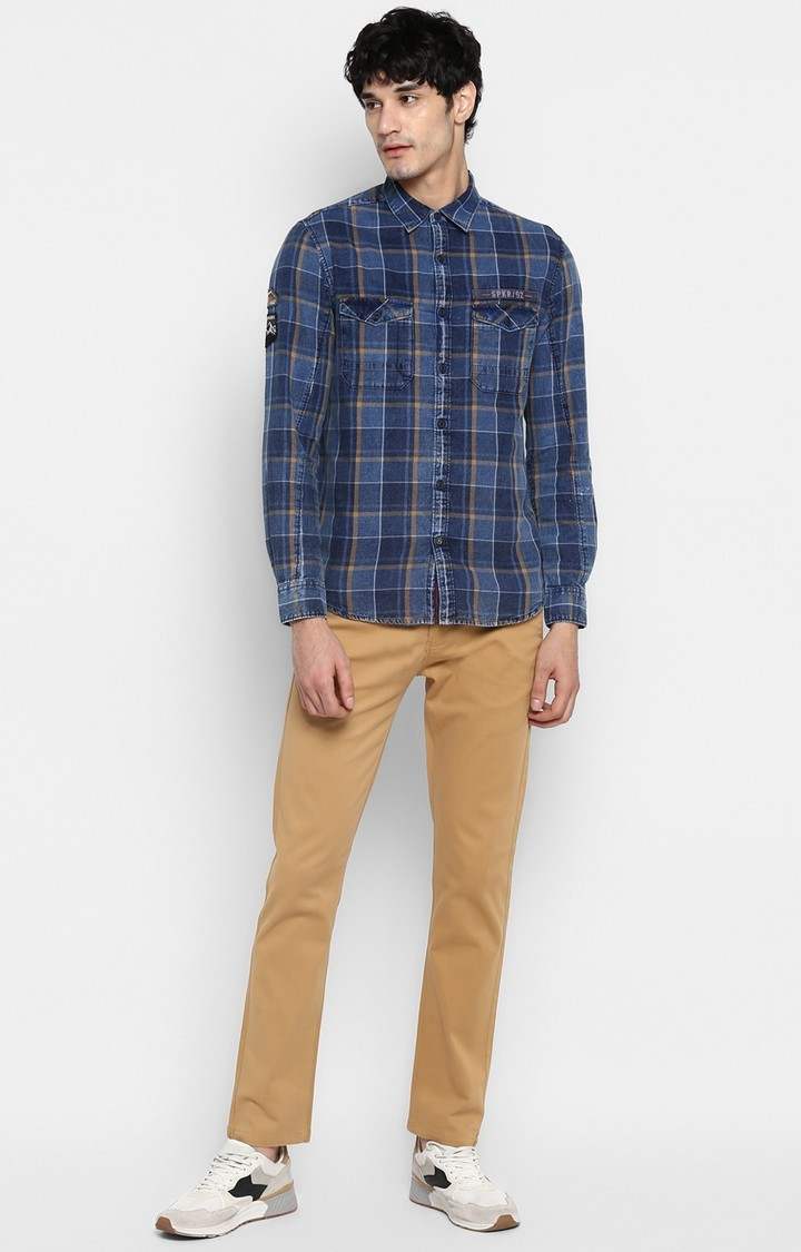 Men's Blue Cotton Checked Casual Shirts