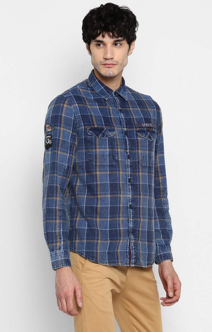 Men's Blue Cotton Checked Casual Shirts
