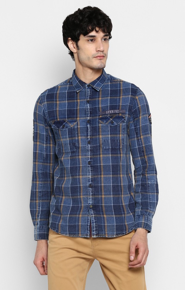 Men's Blue Cotton Checked Casual Shirts